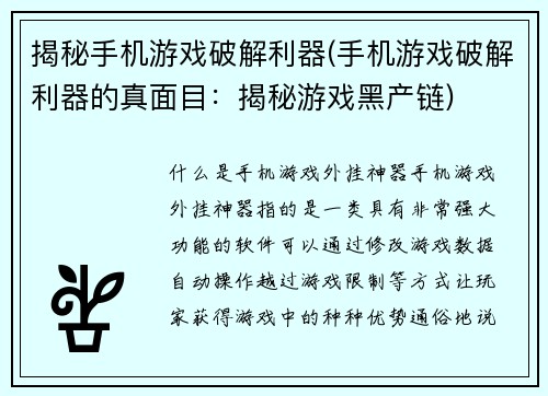 揭秘手机游戏破解利器(手机游戏破解利器的真面目：揭秘游戏黑产链)